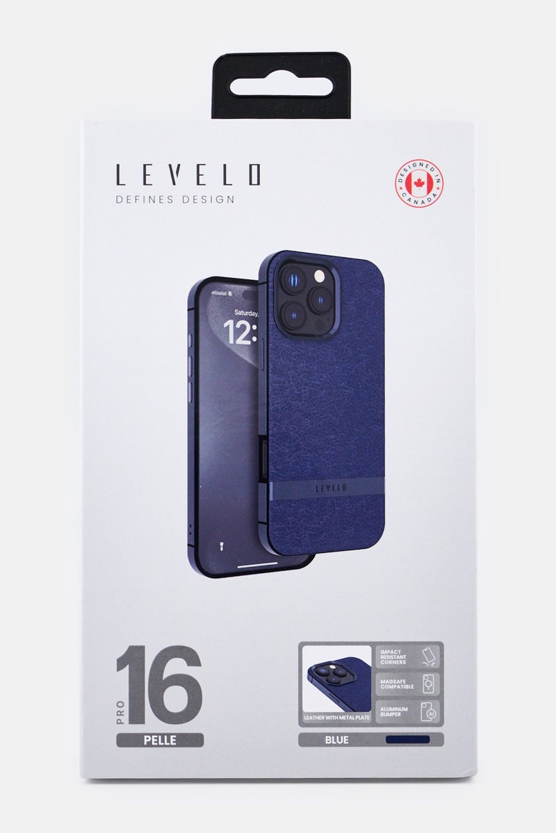 LEVELO iPhone 16 Pro Brand Logo Pelle Phone Case, Navy - Image 1