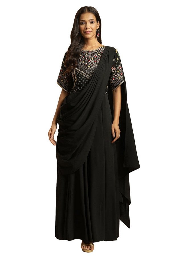 Wishful by W Women's Black Predrape Saree Dress With Multi-coloured Embroidery_23AUS11444-220222_M - Image 1