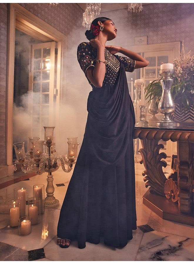 Wishful by W Women's Black Predrape Saree Dress With Multi-coloured Embroidery_23AUS11444-220222_M - Image 2