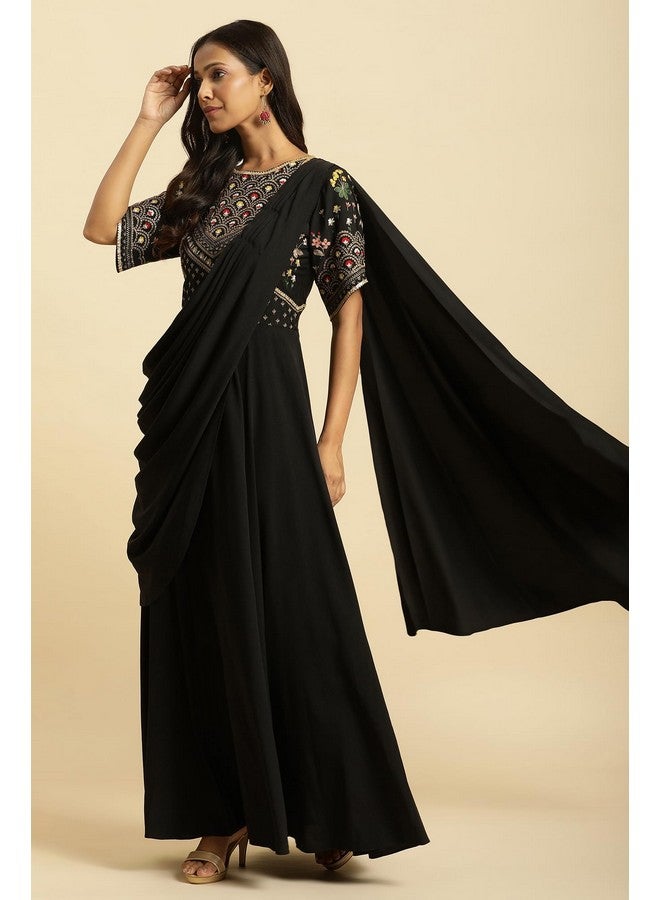 Wishful by W Women's Black Predrape Saree Dress With Multi-coloured Embroidery_23AUS11444-220222_M - Image 4