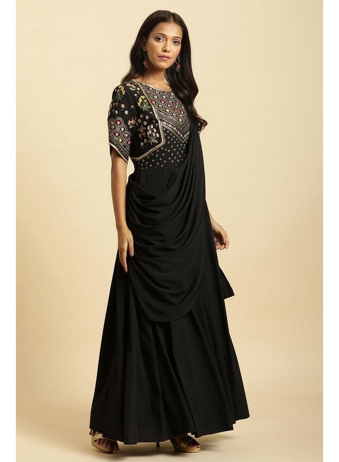Wishful by W Women's Black Predrape Saree Dress With Multi-coloured Embroidery_23AUS11444-220222_M - Image 5