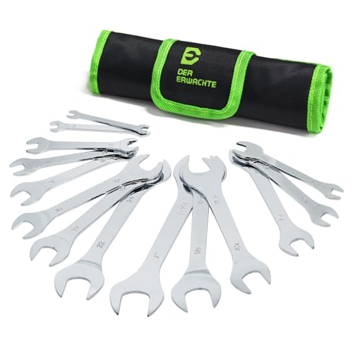 Der Erwachte SuperThin Open End Wrench Set 14Piece SAE Metric Sizes 6mm to 24mm 38 to 1116 UltraSlim Wrench Set with Mechanic Rolling Pouch - Image 1