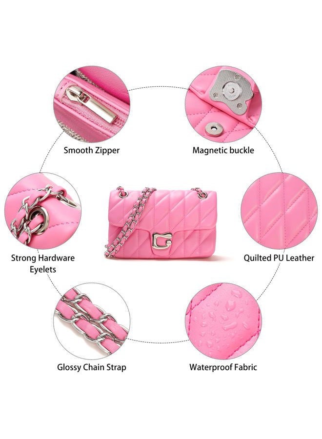 Pelimoo Quilted Crossbody Purse for Women Trendy - Ladies Shoulder Bag Leather Handbag Designer Evening Clutch with Chain Strap, Fuschia, 10.04 inches - Image 4