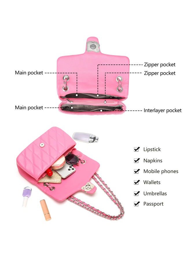 Pelimoo Quilted Crossbody Purse for Women Trendy - Ladies Shoulder Bag Leather Handbag Designer Evening Clutch with Chain Strap, Fuschia, 10.04 inches - Image 5