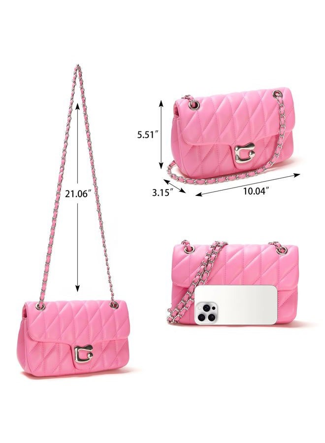 Pelimoo Quilted Crossbody Purse for Women Trendy - Ladies Shoulder Bag Leather Handbag Designer Evening Clutch with Chain Strap, Fuschia, 10.04 inches - Image 3
