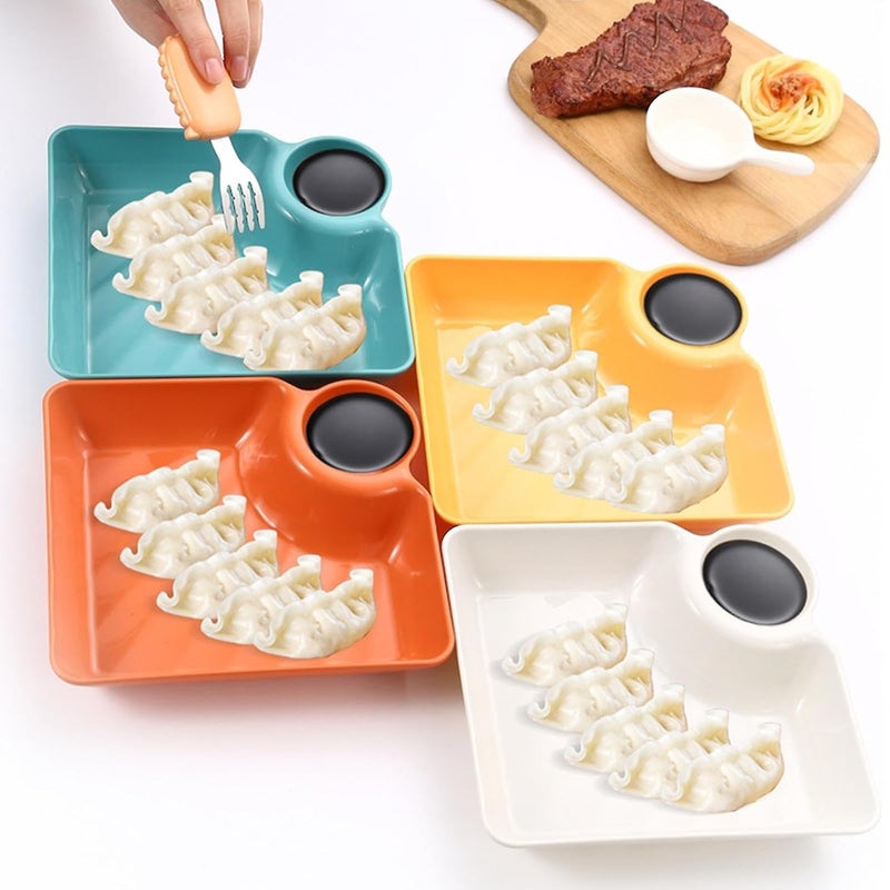 Nathgra 4pcs Dumpling PlatePlastic Plates with Dipping SaucerDumpling Plates with Sauce Compartment for Party Chips Sushi Dumpling Snack White - Image 2
