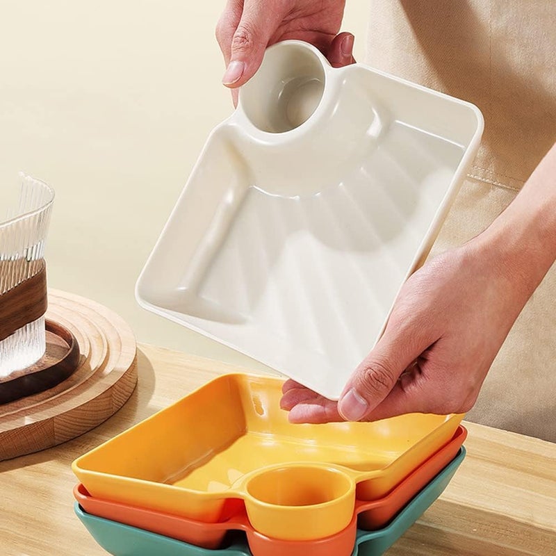 Nathgra 4pcs Dumpling PlatePlastic Plates with Dipping SaucerDumpling Plates with Sauce Compartment for Party Chips Sushi Dumpling Snack White - Image 5