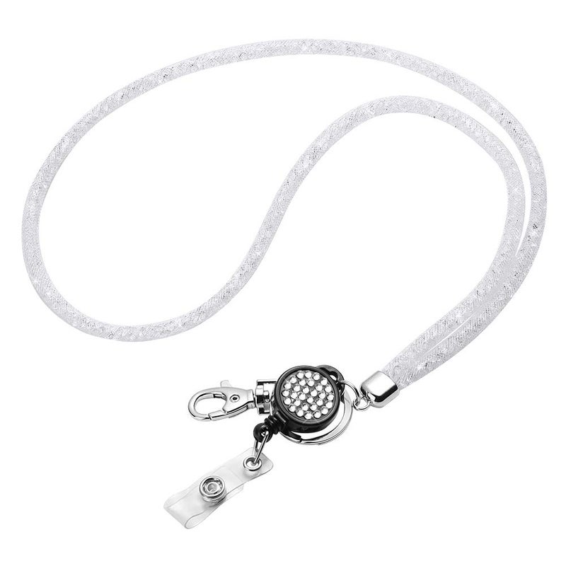 Artscope Bling Crystal Lanyard, 31.5'' Shiny Rhinestones Nylon Mesh ID Card Holder Lanyard Neck Strap with Retractable Badge Reel & Keyring (1 Pack - White) - Image 1