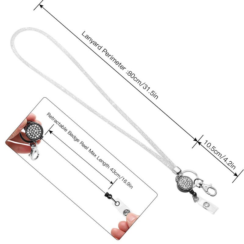Artscope Bling Crystal Lanyard, 31.5'' Shiny Rhinestones Nylon Mesh ID Card Holder Lanyard Neck Strap with Retractable Badge Reel & Keyring (1 Pack - White) - Image 3
