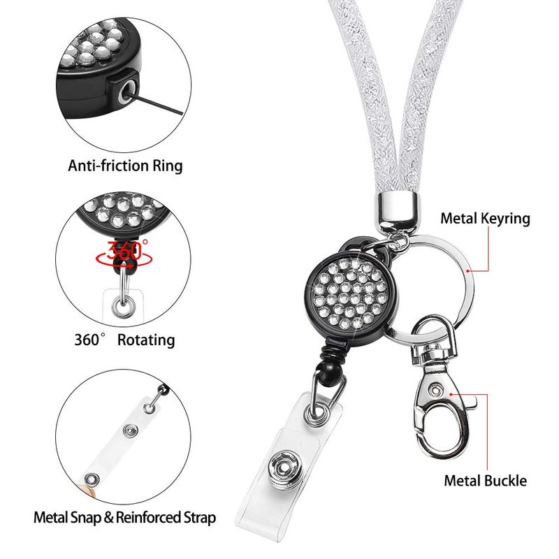 Artscope Bling Crystal Lanyard, 31.5'' Shiny Rhinestones Nylon Mesh ID Card Holder Lanyard Neck Strap with Retractable Badge Reel & Keyring (1 Pack - White) - Image 4