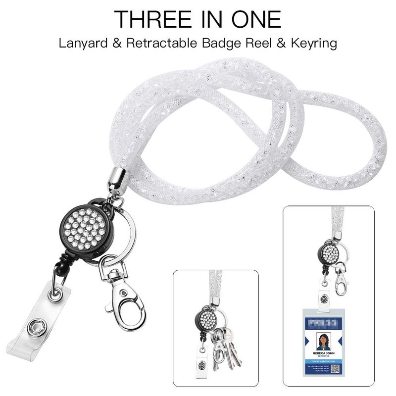 Artscope Bling Crystal Lanyard, 31.5'' Shiny Rhinestones Nylon Mesh ID Card Holder Lanyard Neck Strap with Retractable Badge Reel & Keyring (1 Pack - White) - Image 5