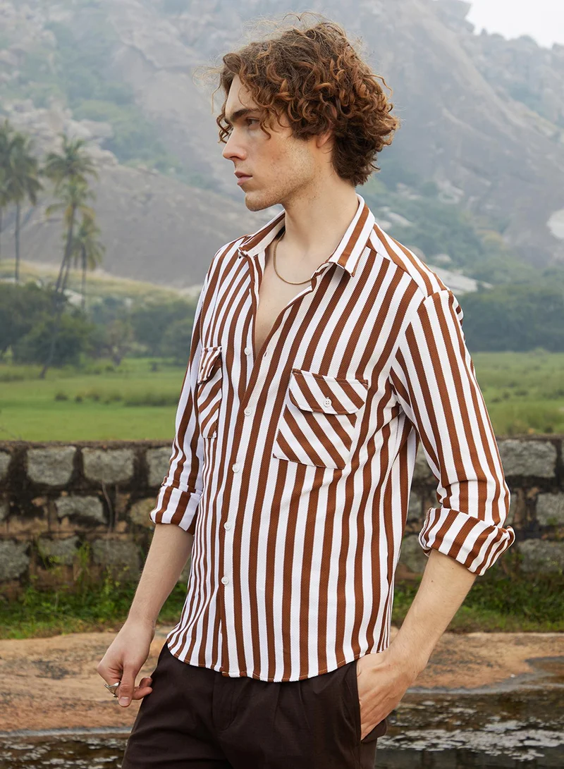 Campus Sutra Men's Chocolate Brown & Cream White Nautical-Stripe Utility Shirt