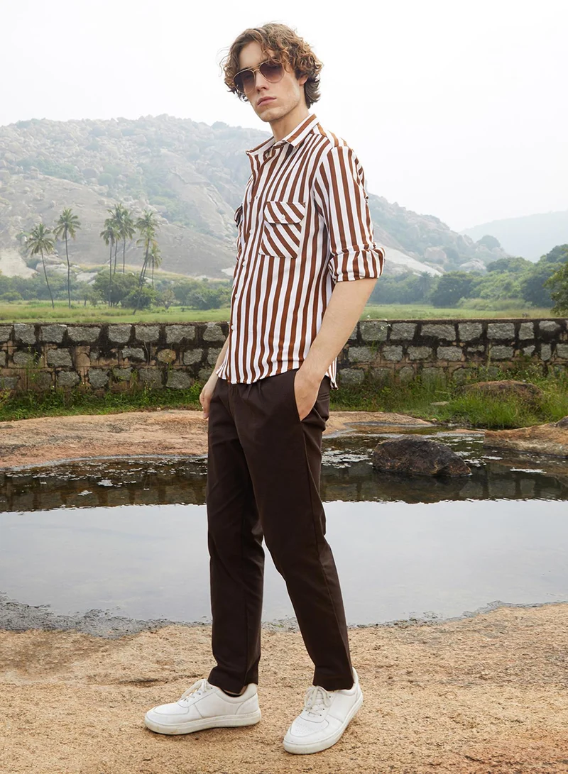 Campus Sutra Men's Chocolate Brown & Cream White Nautical-Stripe Utility Shirt