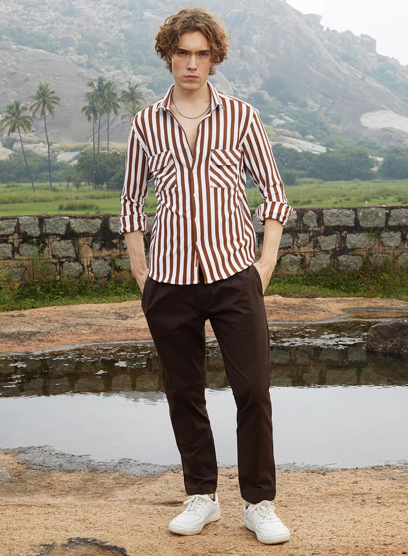 Campus Sutra Men's Chocolate Brown & Cream White Nautical-Stripe Utility Shirt