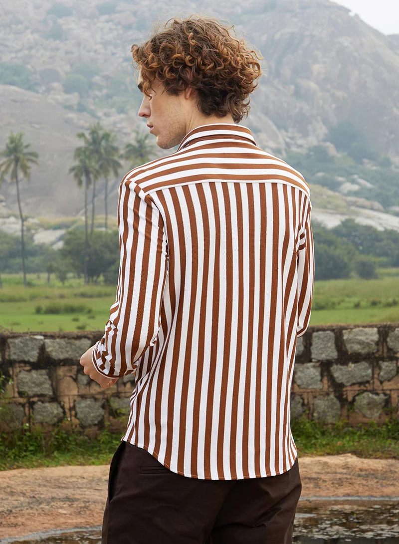 Campus Sutra Men's Chocolate Brown & Cream White Nautical-Stripe Utility Shirt