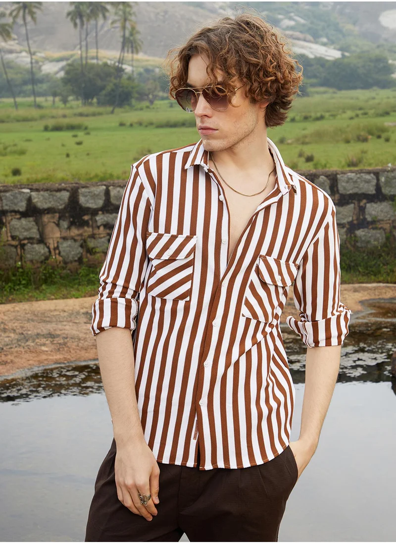 كامبوس سوترا Men's Chocolate Brown & Cream White Nautical-Stripe Utility Shirt