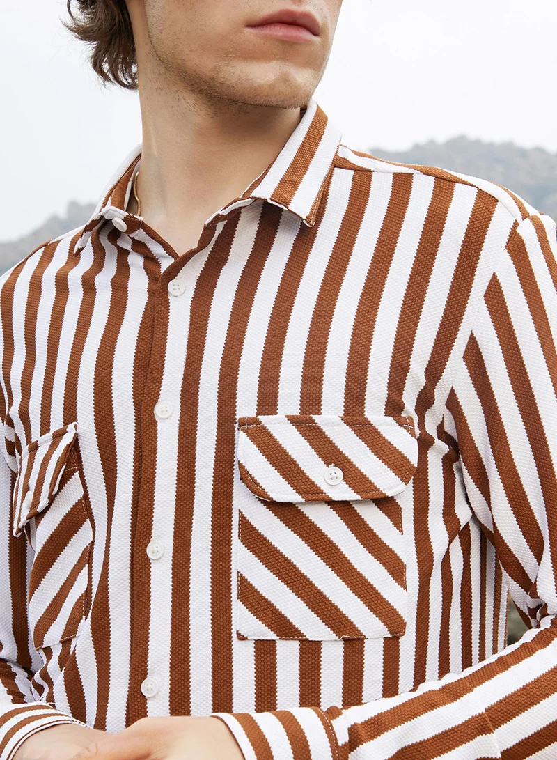 Campus Sutra Men's Chocolate Brown & Cream White Nautical-Stripe Utility Shirt