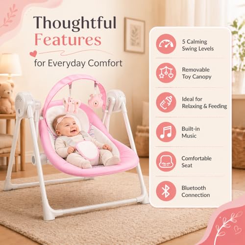 RIVIPLOU Baby Swing SpaceSaver UltraCompact Foldable Infant Swing Fits in 53 Gaps 6 Speed Modes Portable Newborn Swing for TravelCarPicnic 06M 620lbs Pink - Image 3