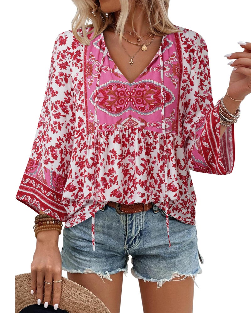 Unixseque Boho Tops for Women 2025: Womens 3/4 Sleeve Tie Front Shirts for Women Floral Print - Beach Outfits for Women - Holiday Outfit Cute Top Summer Clothes Ladies Tops and Blouses - Image 2