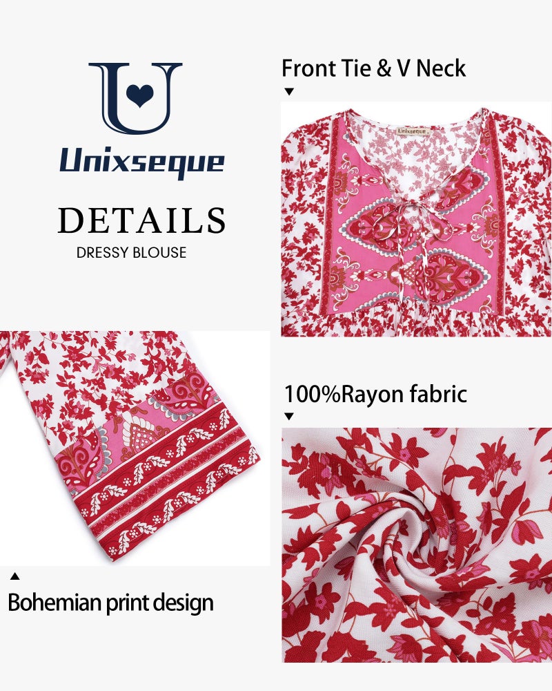 Unixseque Boho Tops for Women 2025: Womens 3/4 Sleeve Tie Front Shirts for Women Floral Print - Beach Outfits for Women - Holiday Outfit Cute Top Summer Clothes Ladies Tops and Blouses - Image 4