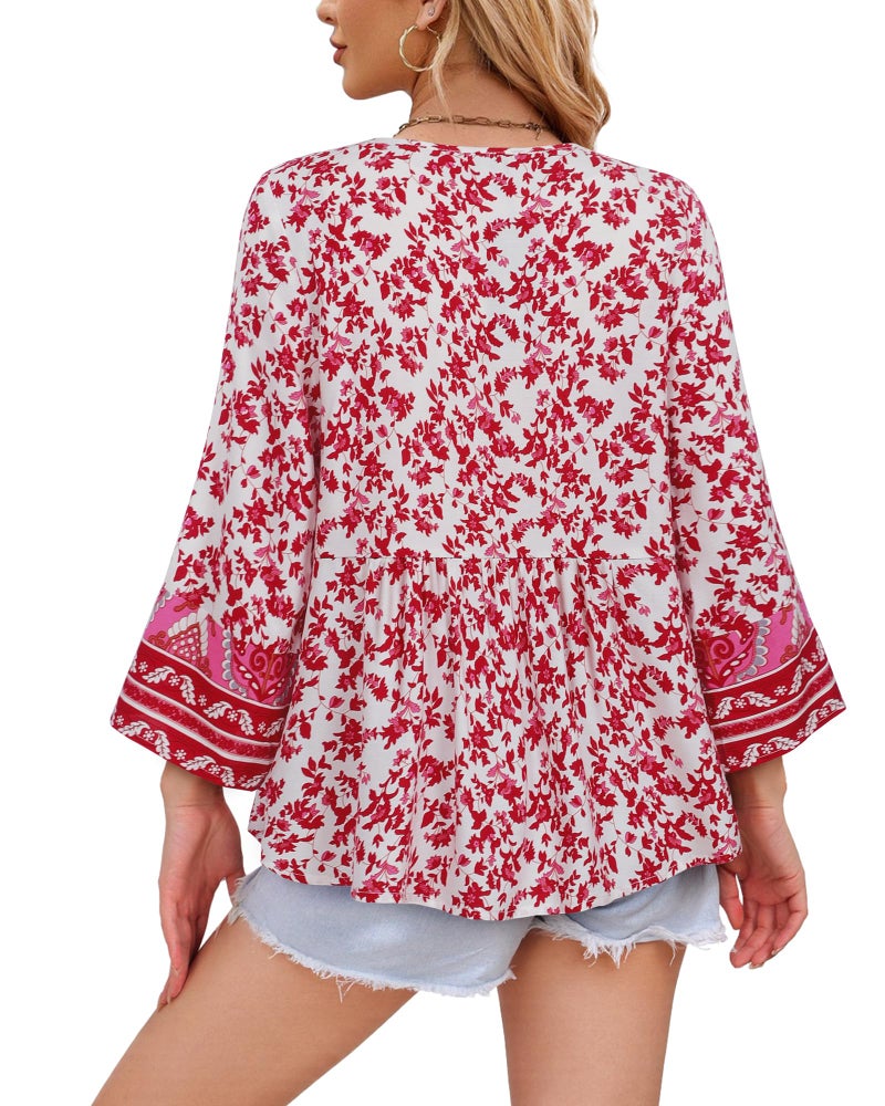 Unixseque Boho Tops for Women 2025: Womens 3/4 Sleeve Tie Front Shirts for Women Floral Print - Beach Outfits for Women - Holiday Outfit Cute Top Summer Clothes Ladies Tops and Blouses - Image 5