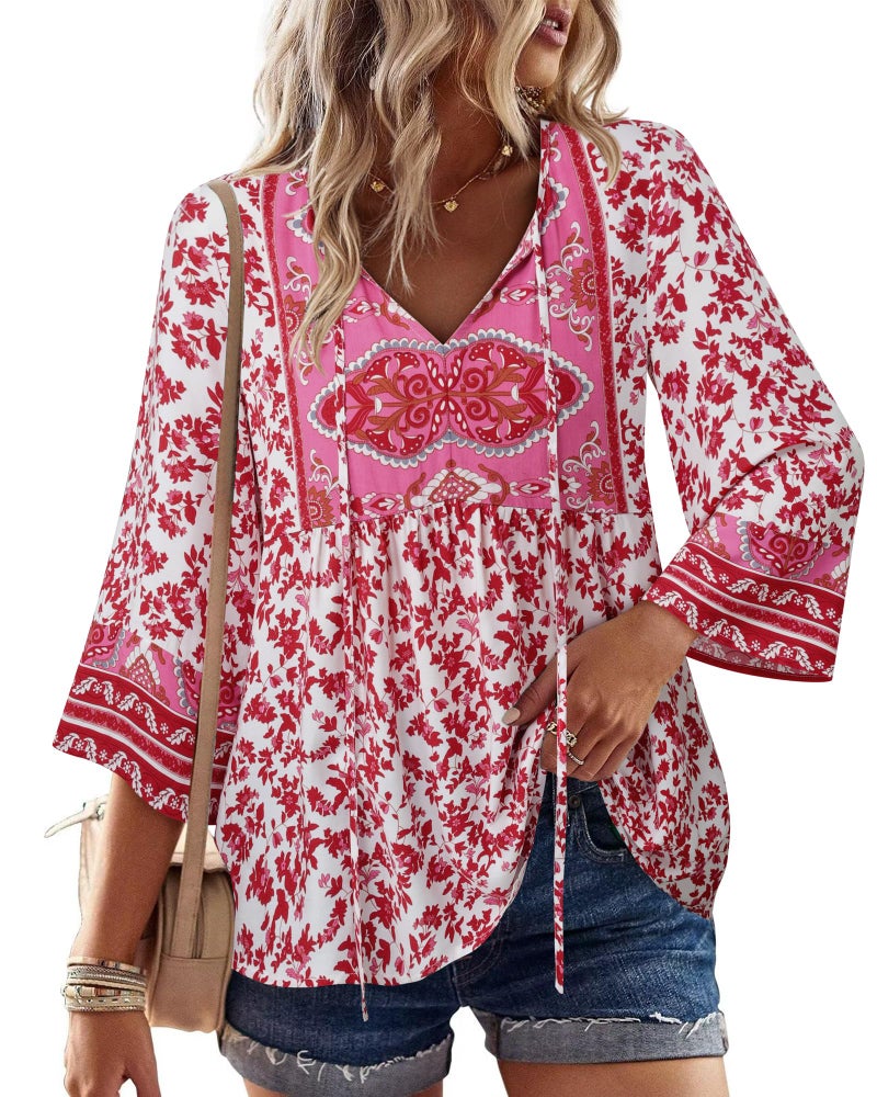 Unixseque Boho Tops for Women 2025: Womens 3/4 Sleeve Tie Front Shirts for Women Floral Print - Beach Outfits for Women - Holiday Outfit Cute Top Summer Clothes Ladies Tops and Blouses - Image 1