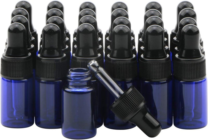 Rowiz 30 PCS 3ml Blue Glass Dropper Bottles with Pipettes Dropper&Black Screw Cap，Glass Essential Oil Bottles Eye Dropper Vials Perfume Cosmetic Liquid Aromatherapy Lotion Sample Bottles - Image 1