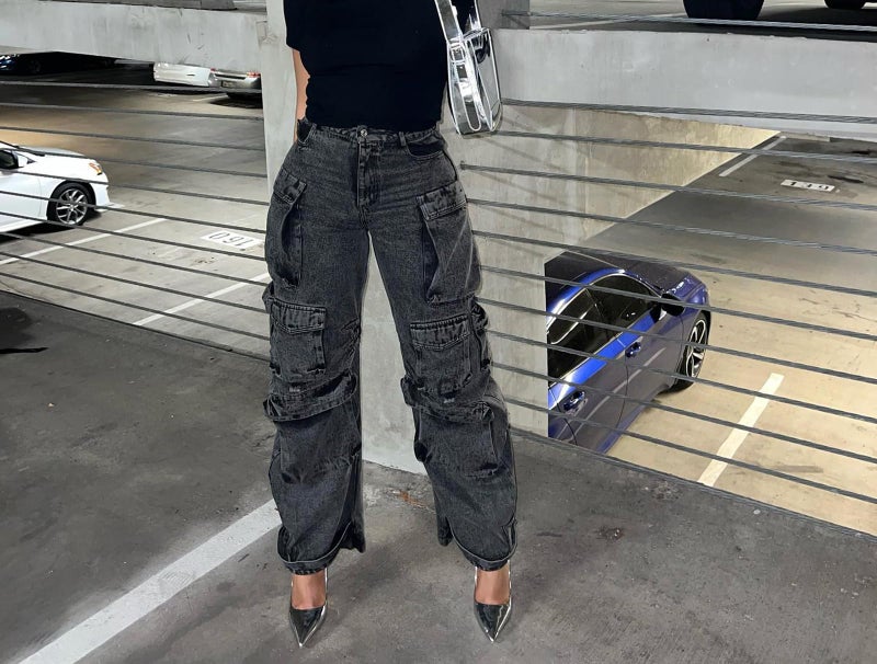 LKOUS Women's Y2K Baggy Straight Wide Leg Cargo Jeans, Streetwear High Waisted Denim Pant Grey - Image 2