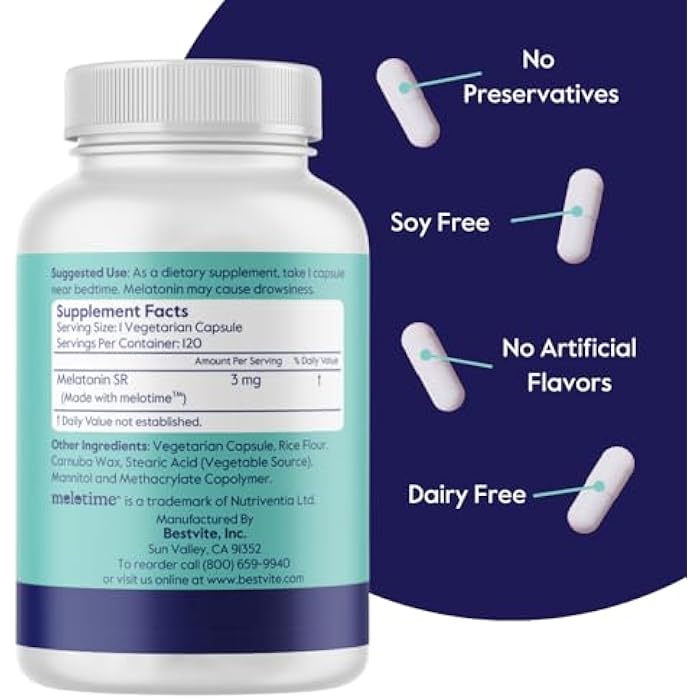 BESTVITE Melatonin SR 3mg (120 Vegetarian Capsules) - Vegan - Non GMO - Gluten Free - Extended Release Melatonin - Image 3