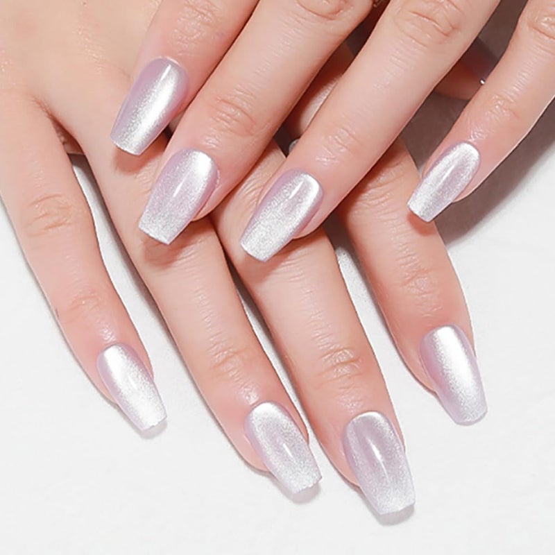 evpct Cat Eye Coffin Press on Nails Square Medium, Medium Square Stick on Nails for Women Gift, Light Lavender Purple Metallic Glitter Glossy Reusable Spring Summer Gel Press on Fake Nail with Designs - Image 1