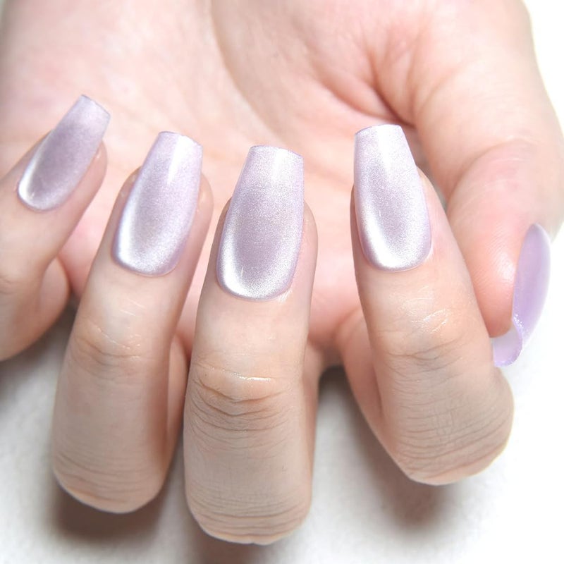 evpct Cat Eye Coffin Press on Nails Square Medium, Medium Square Stick on Nails for Women Gift, Light Lavender Purple Metallic Glitter Glossy Reusable Spring Summer Gel Press on Fake Nail with Designs - Image 3