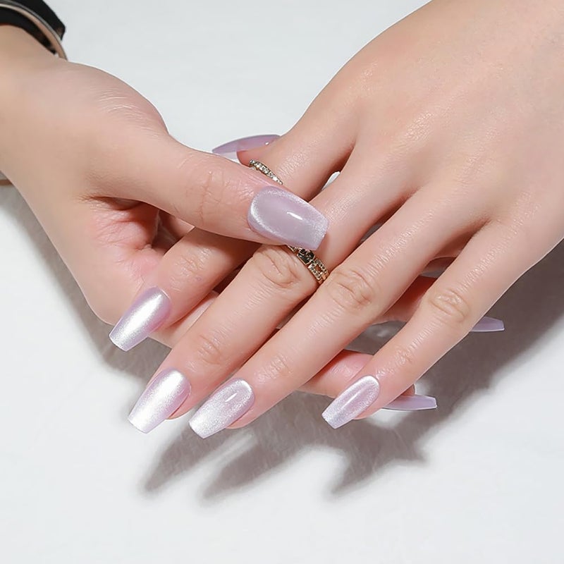 evpct Cat Eye Coffin Press on Nails Square Medium, Medium Square Stick on Nails for Women Gift, Light Lavender Purple Metallic Glitter Glossy Reusable Spring Summer Gel Press on Fake Nail with Designs - Image 4