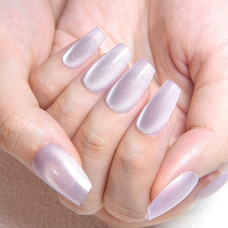evpct Cat Eye Coffin Press on Nails Square Medium, Medium Square Stick on Nails for Women Gift, Light Lavender Purple Metallic Glitter Glossy Reusable Spring Summer Gel Press on Fake Nail with Designs - Image 2