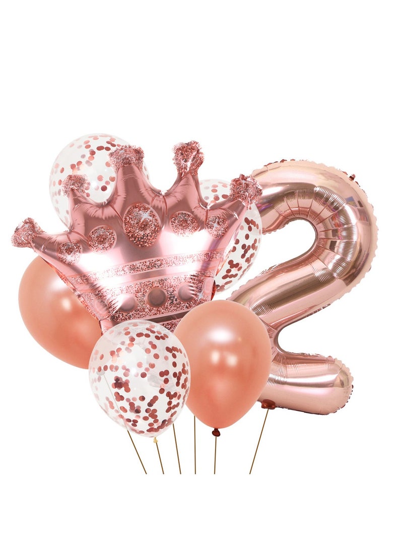 Party 8-piece set for 2th birthday party anniversary decoration party supplies including rose gold number 2 balloons, rose gold crown foil balloon set, 12-inch sequin balloons, 12-inch rose gold balloons 