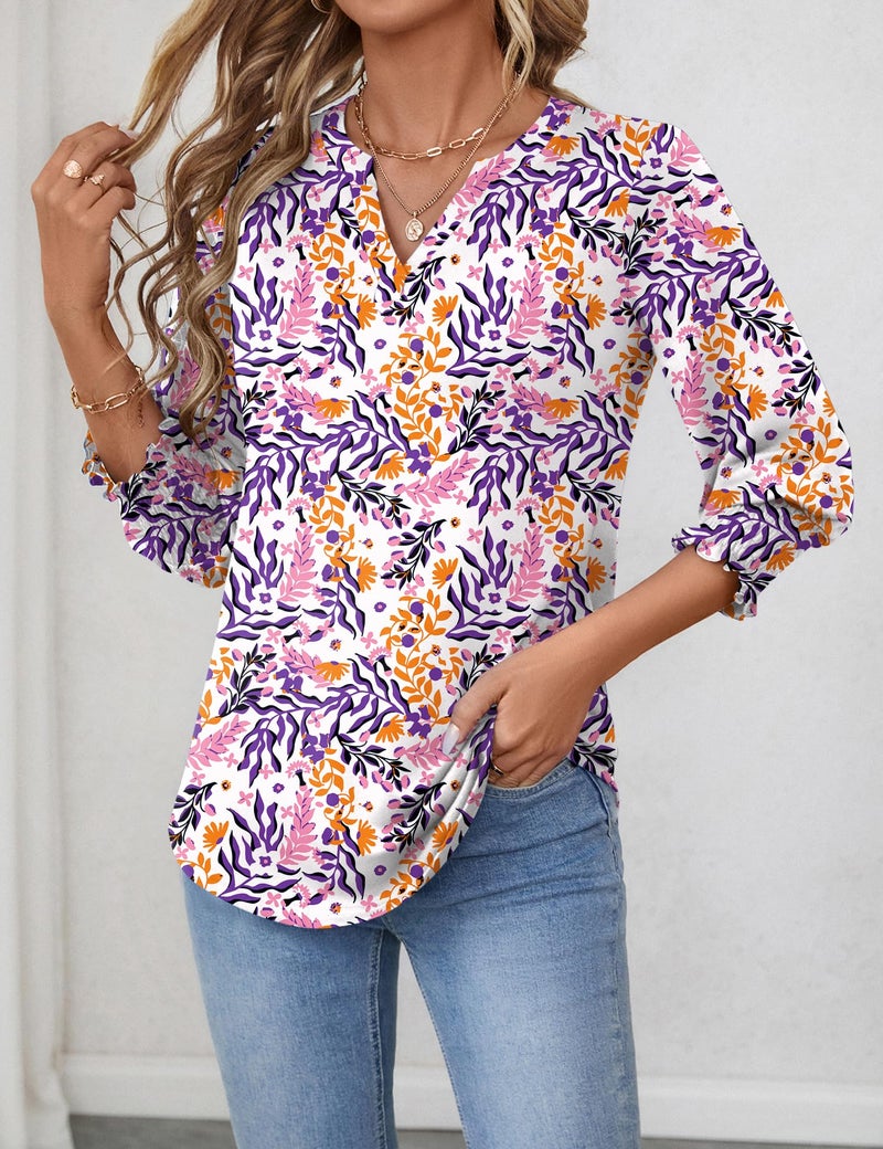 LOMON Plus Size Summer Outfits 2026 3/4 Sleeve Tops for Women V Neck Blouses for Women Dressy Casual Purple Orange Floral XXL - Image 2