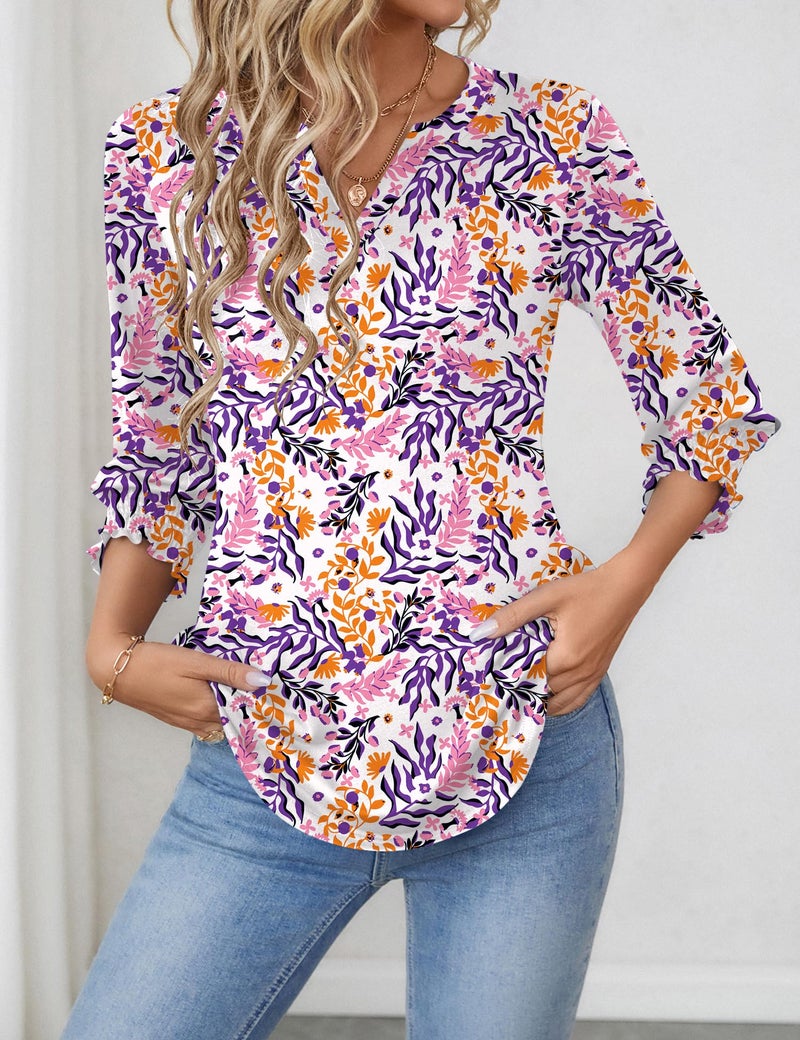 LOMON Plus Size Summer Outfits 2026 3/4 Sleeve Tops for Women V Neck Blouses for Women Dressy Casual Purple Orange Floral XXL - Image 3