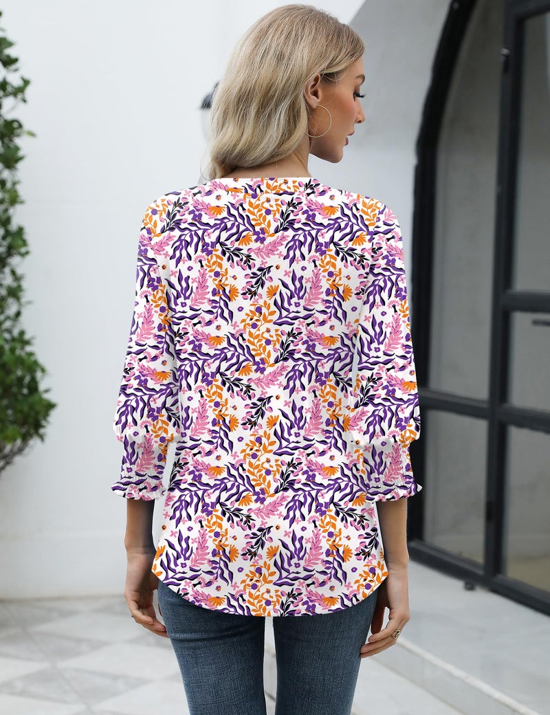LOMON Plus Size Summer Outfits 2026 3/4 Sleeve Tops for Women V Neck Blouses for Women Dressy Casual Purple Orange Floral XXL - Image 4