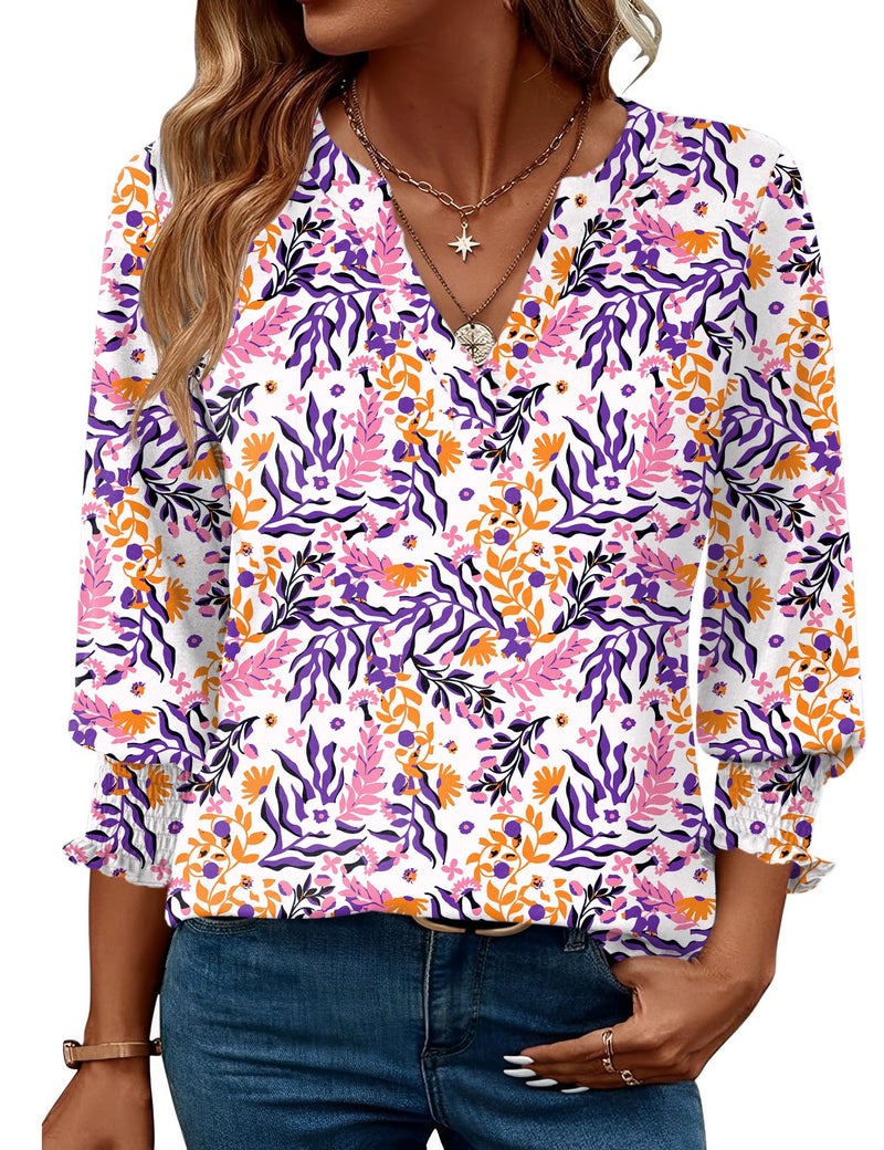 LOMON Plus Size Summer Outfits 2026 3/4 Sleeve Tops for Women V Neck Blouses for Women Dressy Casual Purple Orange Floral XXL - Image 1
