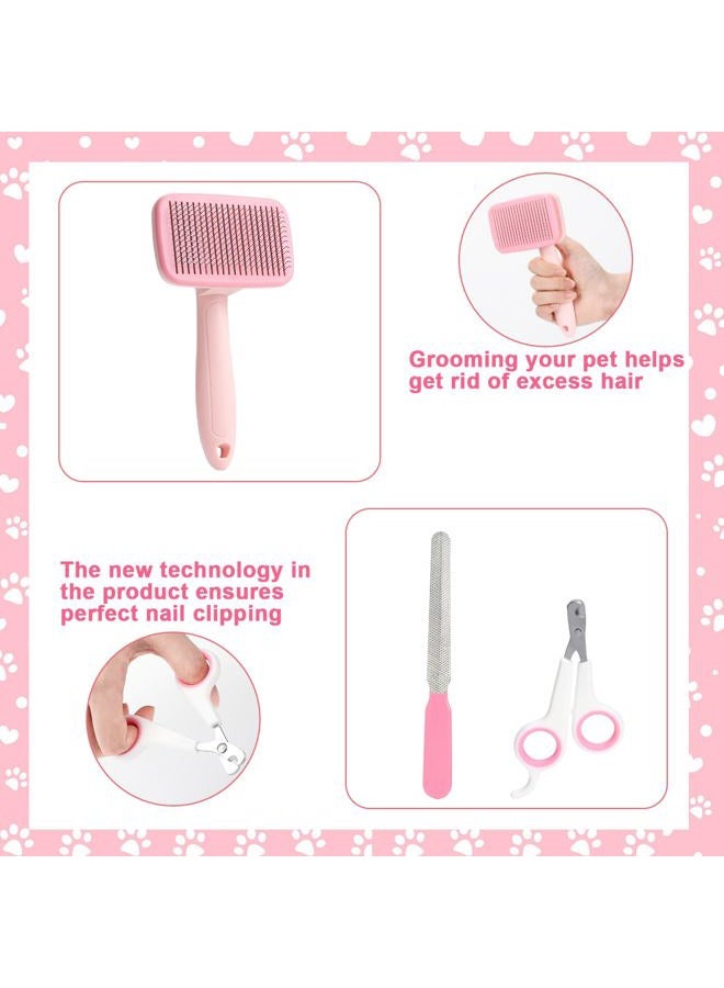 VCZONE 8 Pcs Dog Grooming Kit, Self Cleaning with Nail Clipper, Flea Comb, Shampoo Brush, Shedding Brush, Dematting Comb, Silicone Toothbrush (Pink) for Dogs, Cats, Rabbits - Image 5
