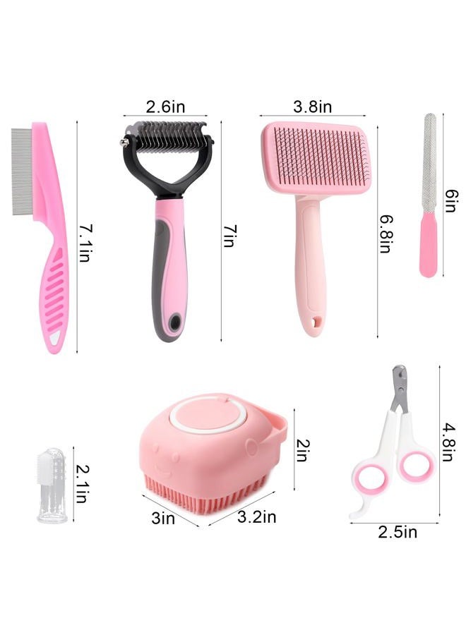 VCZONE 8 Pcs Dog Grooming Kit, Self Cleaning with Nail Clipper, Flea Comb, Shampoo Brush, Shedding Brush, Dematting Comb, Silicone Toothbrush (Pink) for Dogs, Cats, Rabbits - Image 2