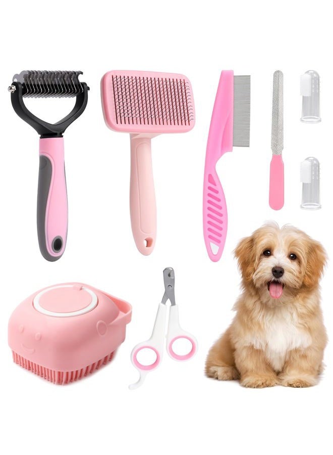 VCZONE 8 Pcs Dog Grooming Kit, Self Cleaning with Nail Clipper, Flea Comb, Shampoo Brush, Shedding Brush, Dematting Comb, Silicone Toothbrush (Pink) for Dogs, Cats, Rabbits - Image 1