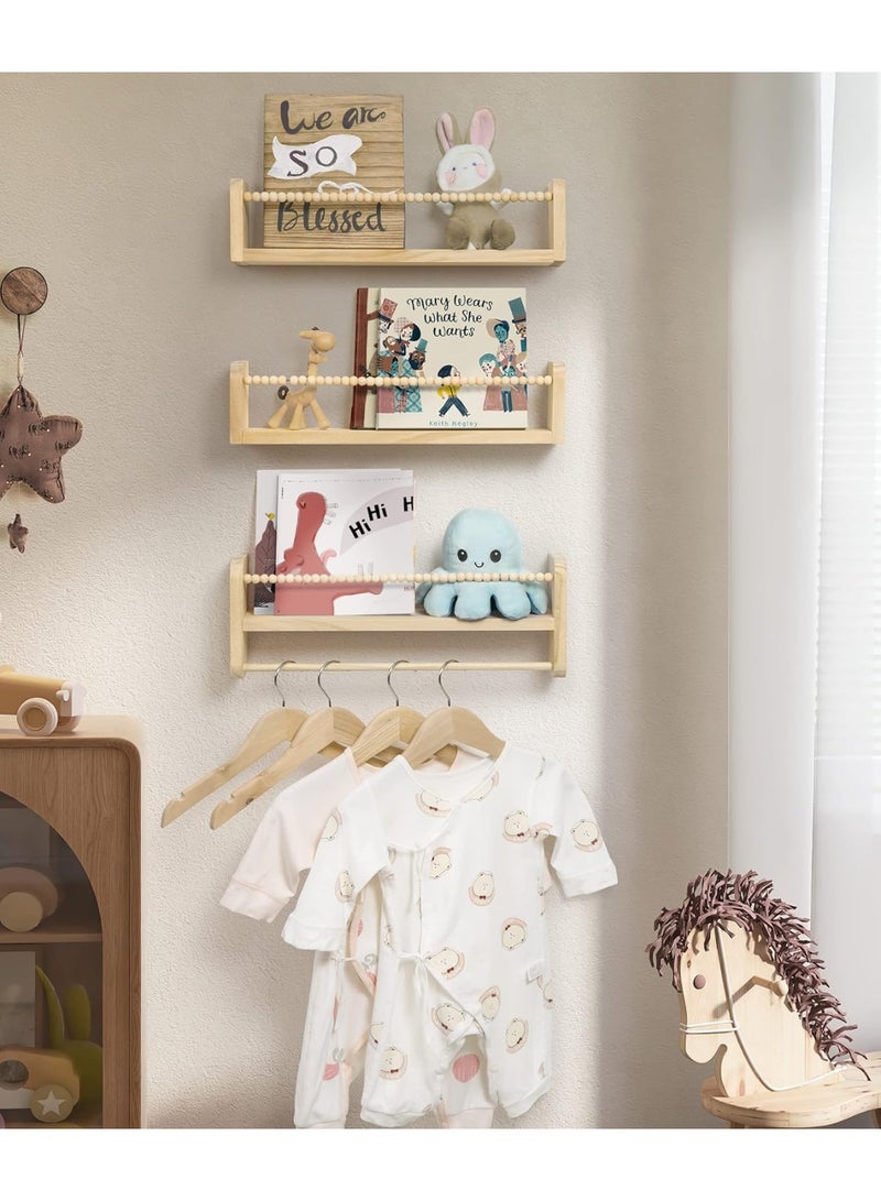 NANAO Wooden Floating Book Shelves for Wall, Set of 3 Wall Mounted Children’S Book Shelves for Kids Nursery Decor, Small Floating Shelf Organizer for Kitchen Spice Rack With Wooden Bead Design - Image 2