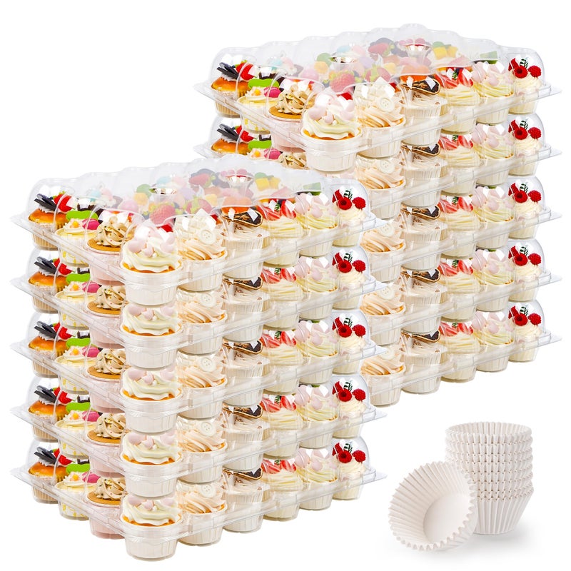 LOKQING 24 Count Cupcake Containers 10 Pack Cupcake Holders Plastic Clear Disposable Cupcake Containers with Detachable Tall Dome Lids and 360 Liners for 360 Cupcakes, BPA Free, Stand Size - Image 1