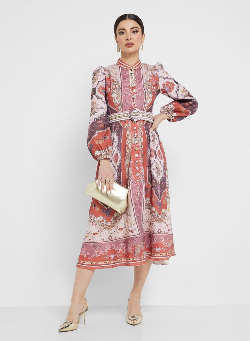 خزانة فستان ميدي بحزام وطبعات زهور