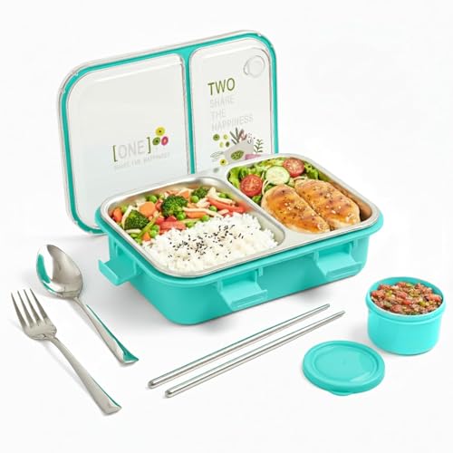 Brand Conquer Lunch Box Leak-Proof BPA Free Stainless Steel for School, Lunch Box for School & Office with a Fork, a Spoon and a Pair of Chopsticks (Classic Blue, Happiness Lunch Box 2 Compartment) - Image 1