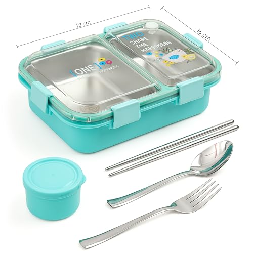 Brand Conquer Lunch Box Leak-Proof BPA Free Stainless Steel for School, Lunch Box for School & Office with a Fork, a Spoon and a Pair of Chopsticks (Classic Blue, Happiness Lunch Box 2 Compartment) - Image 4
