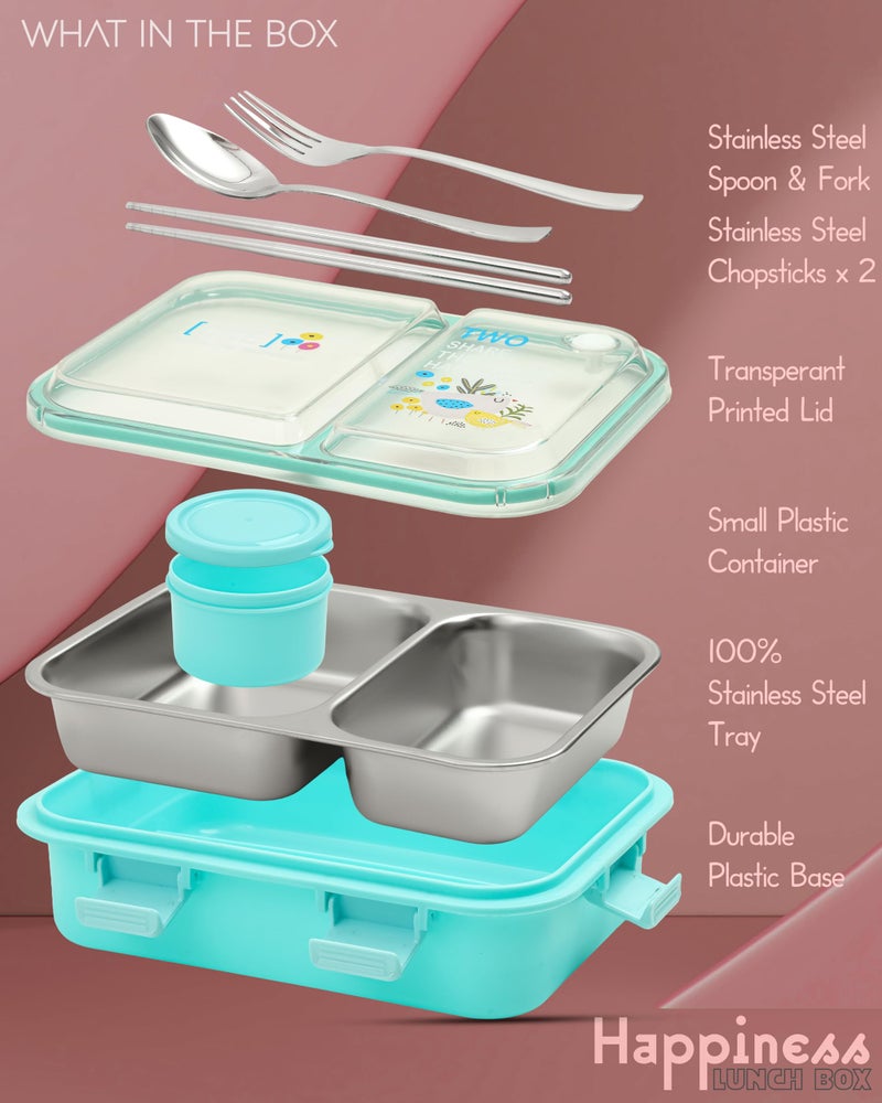 Brand Conquer Lunch Box Leak-Proof BPA Free Stainless Steel for School, Lunch Box for School & Office with a Fork, a Spoon and a Pair of Chopsticks (Classic Blue, Happiness Lunch Box 2 Compartment) - Image 3