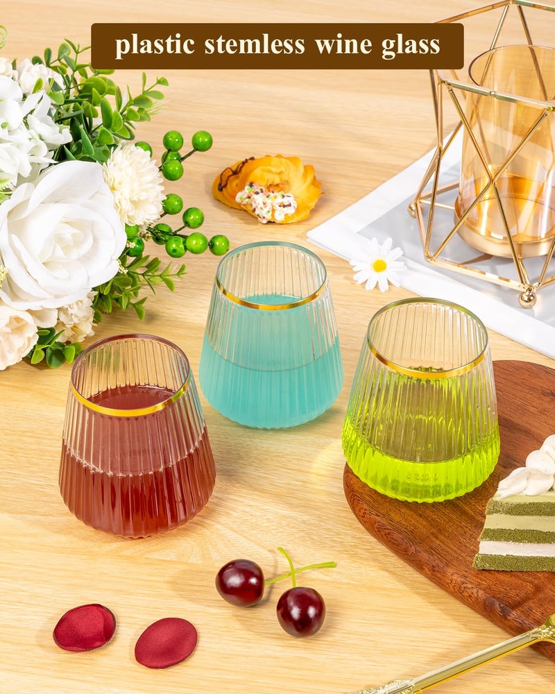 Goodluck 36 Pack 12oz Stemless Plastic Wine Glasses â€“ Clear Ribbed Cups with Gold Rim, Fancy Reusable Disposable Drinkware for Weddings, Parties, Bars, Indoor and Outdoor Events - Image 3