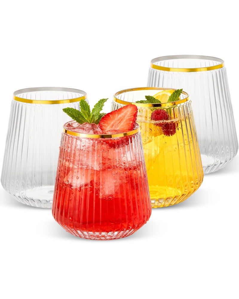 Goodluck 36 Pack 12oz Stemless Plastic Wine Glasses â€“ Clear Ribbed Cups with Gold Rim, Fancy Reusable Disposable Drinkware for Weddings, Parties, Bars, Indoor and Outdoor Events - Image 1