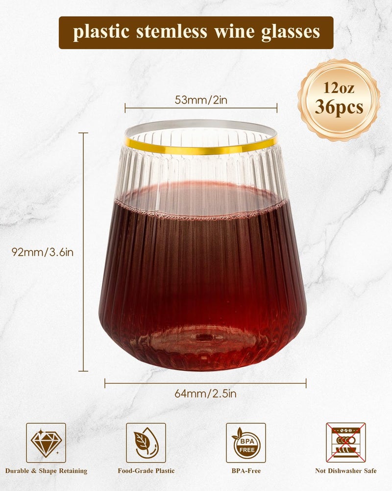 Goodluck 36 Pack 12oz Stemless Plastic Wine Glasses â€“ Clear Ribbed Cups with Gold Rim, Fancy Reusable Disposable Drinkware for Weddings, Parties, Bars, Indoor and Outdoor Events - Image 2
